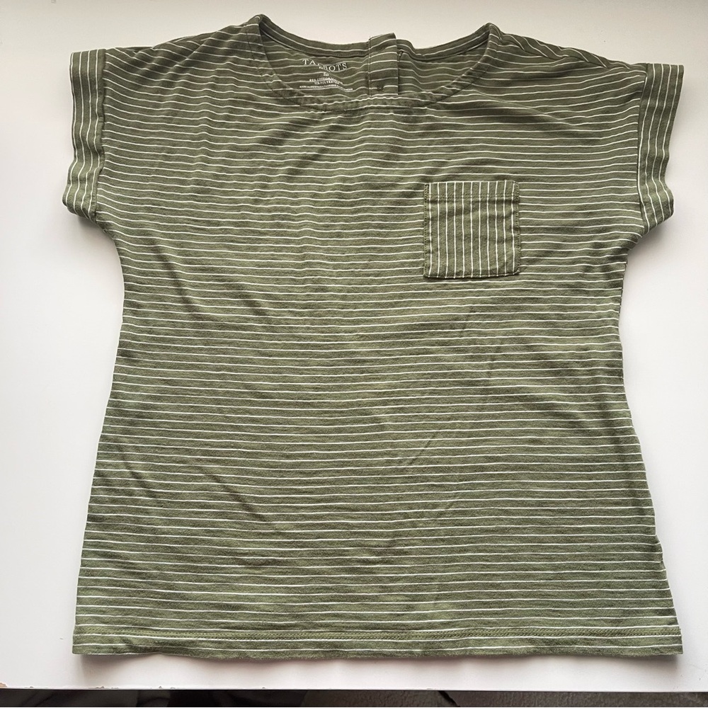 Talbots Olive Green White Pin Striped Pocket Tee Coastal Quiet Luxury Minimalist - Picture 2 of 10